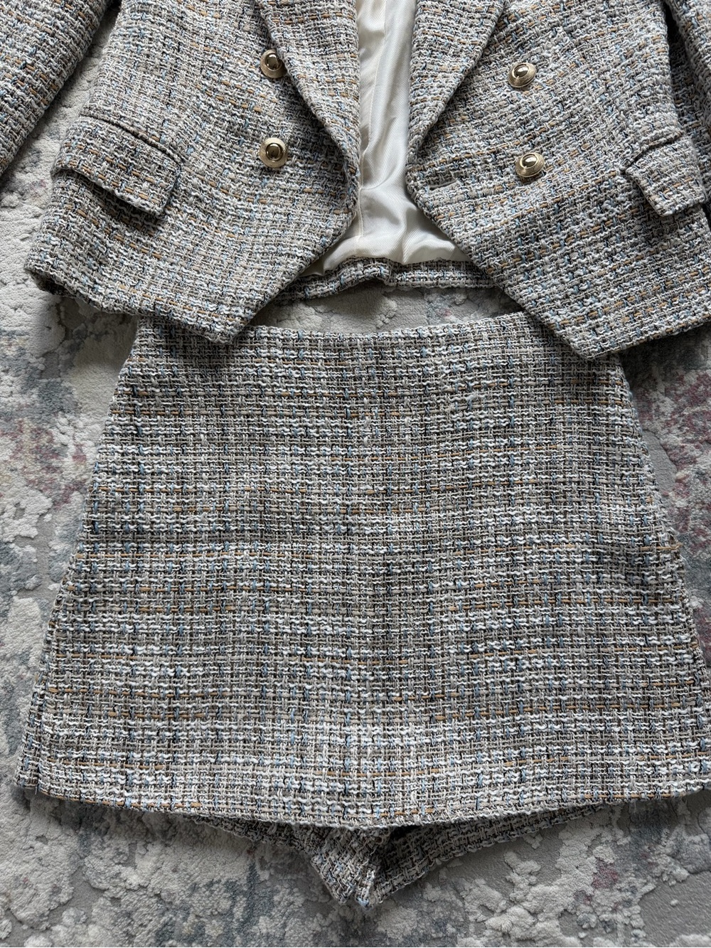 Zara Neutral Tweed Set Double-Breasted Blazer with Gold Buttons and Skort. - Picture 2 of 8